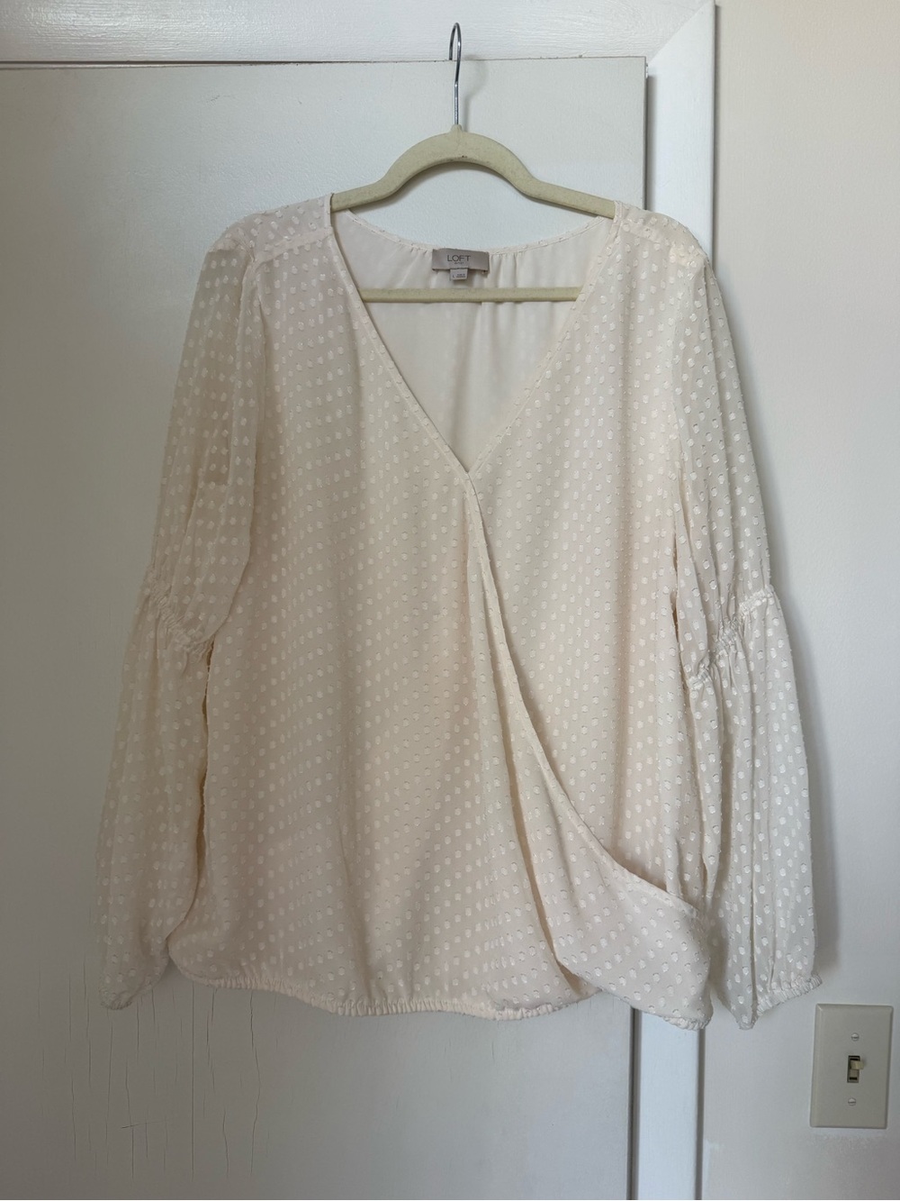 LOFT Cream Swiss Dot Wrap-Front Long Sleeve Blouse